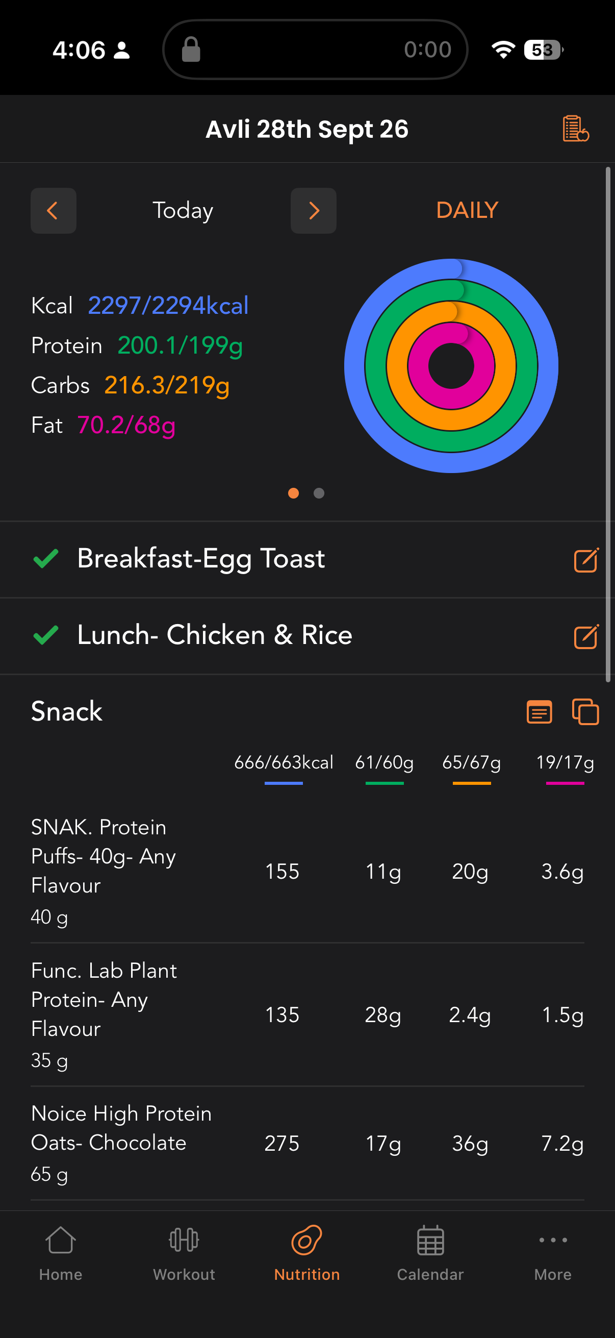 AVLEAN app nutrition tracking screen, showing daily macro targets and logged meals