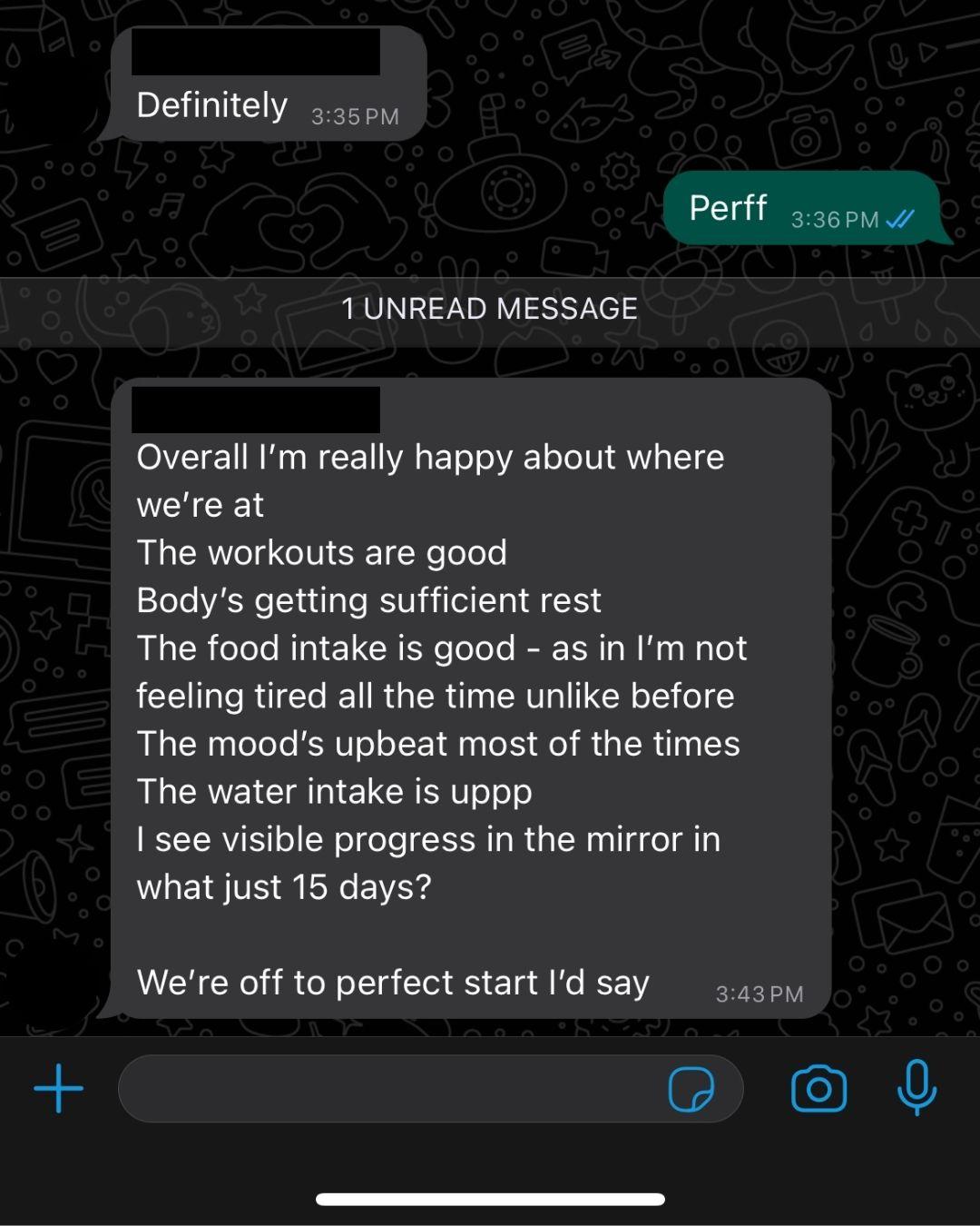 WhatsApp update from an AVLEAN client, 15 days into coaching