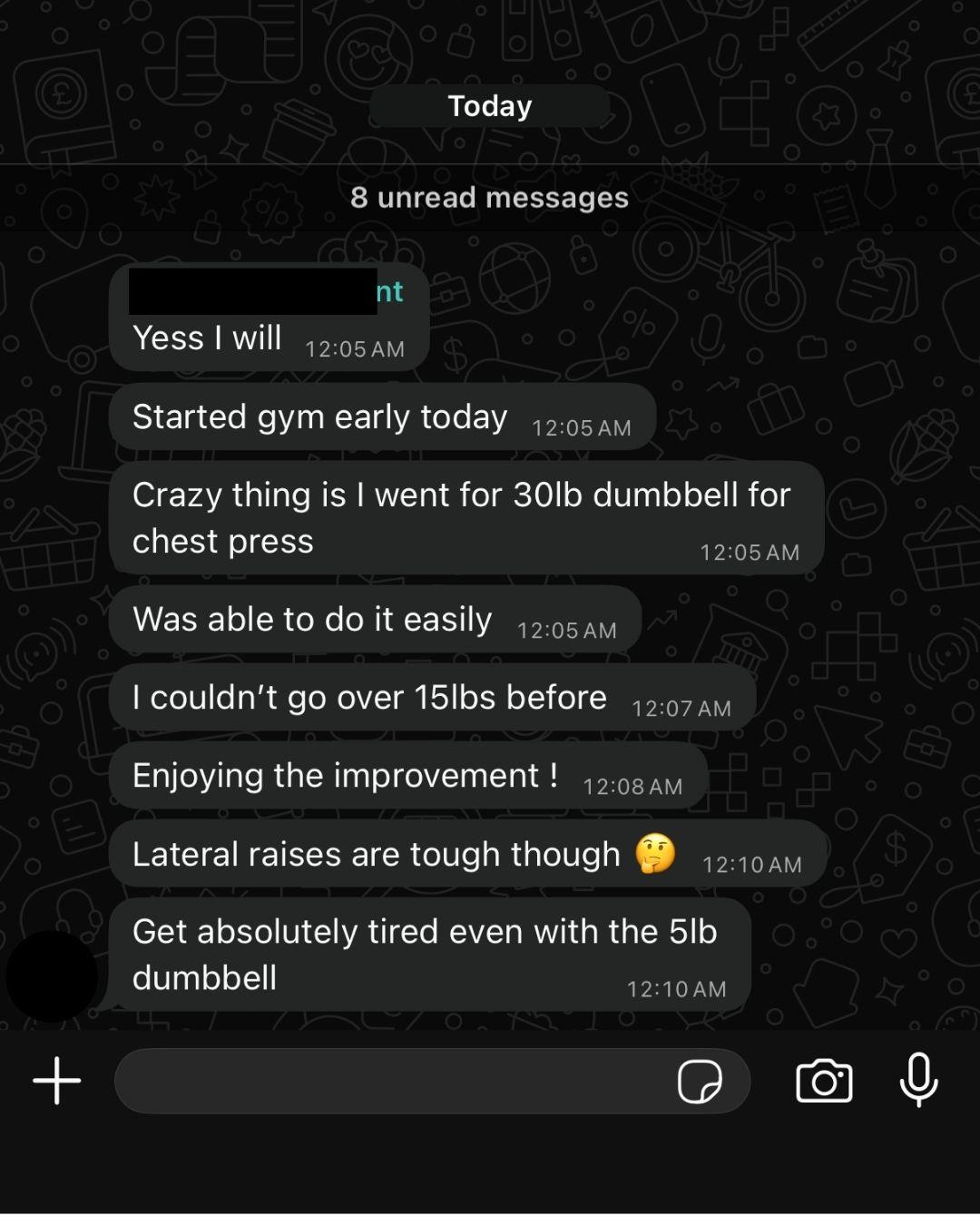 WhatsApp update from an AVLEAN client about chest press progress