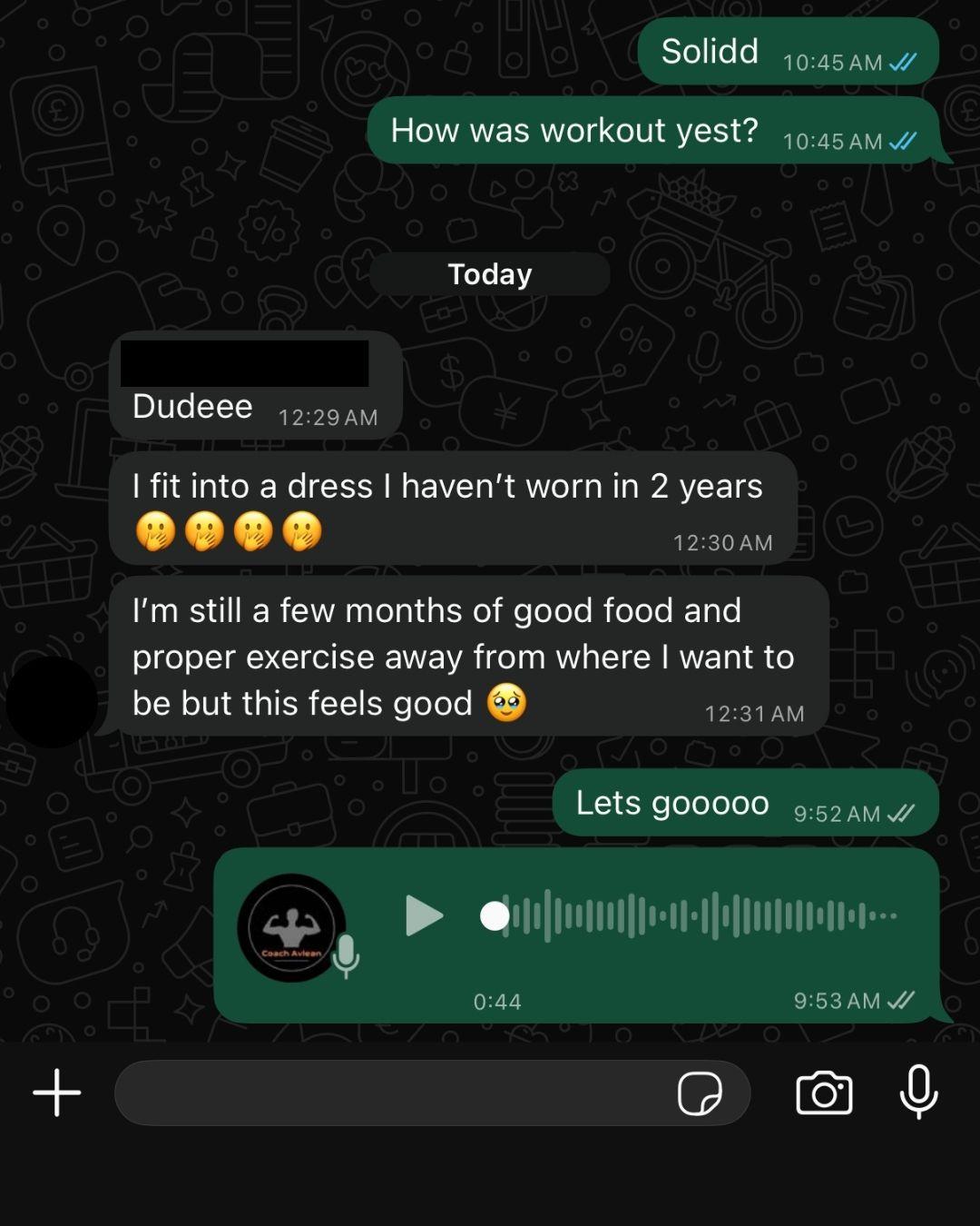 WhatsApp update from an AVLEAN client about wearing a dress again