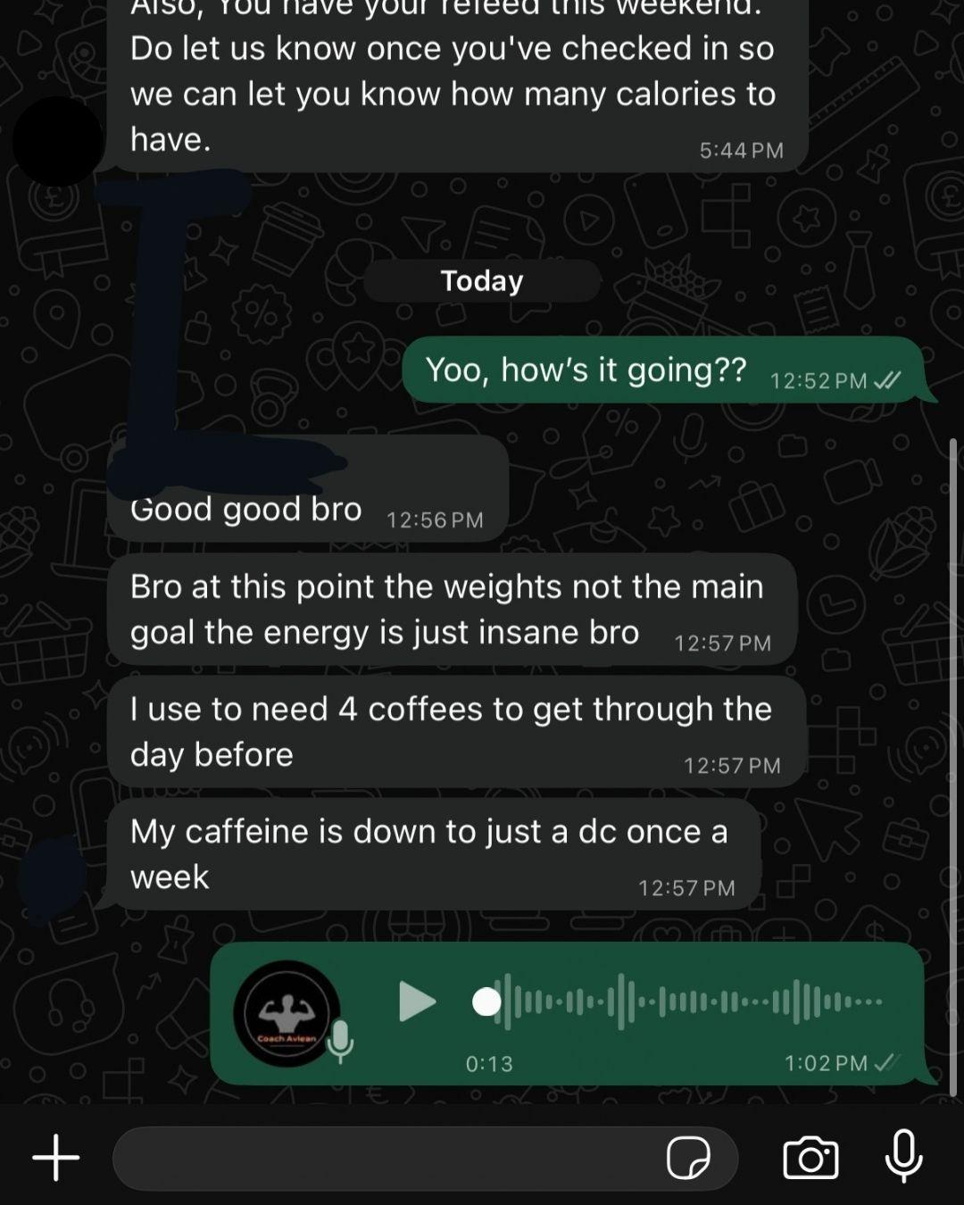 WhatsApp update from an AVLEAN client about energy levels