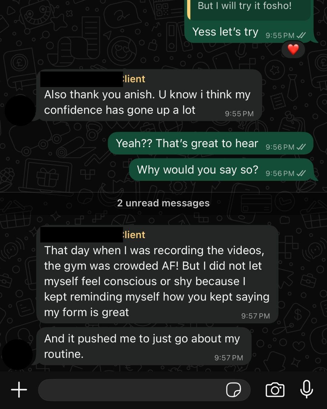 WhatsApp update from an AVLEAN client about gym confidence