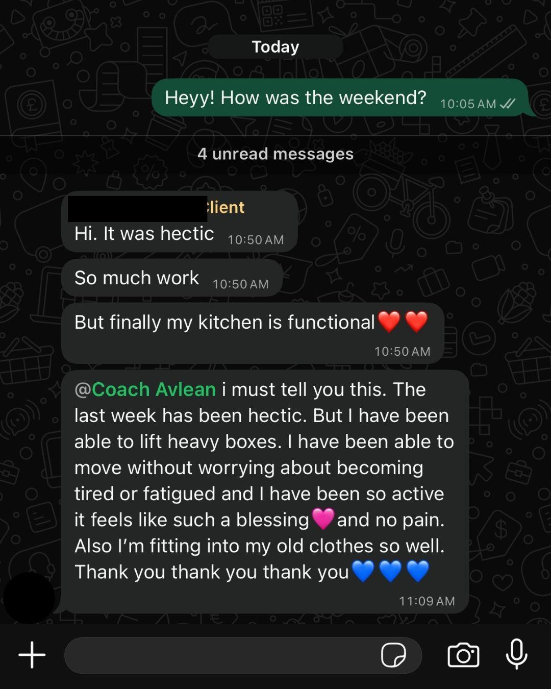 WhatsApp update from an AVLEAN client about a hectic week
