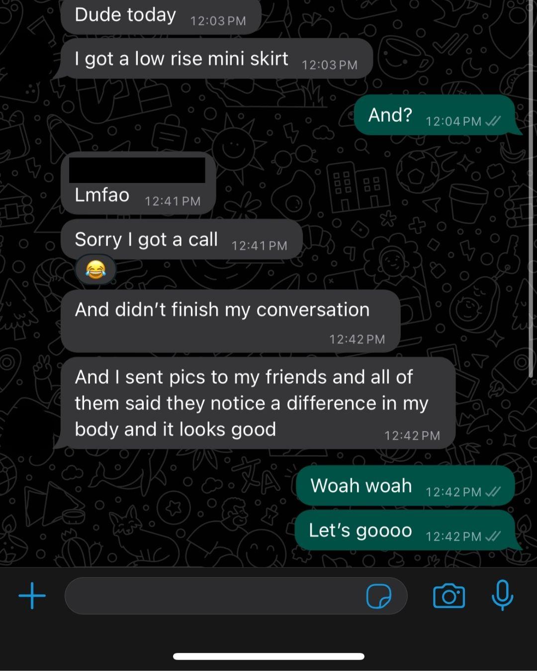 WhatsApp update from an AVLEAN client about a mini skirt fitting