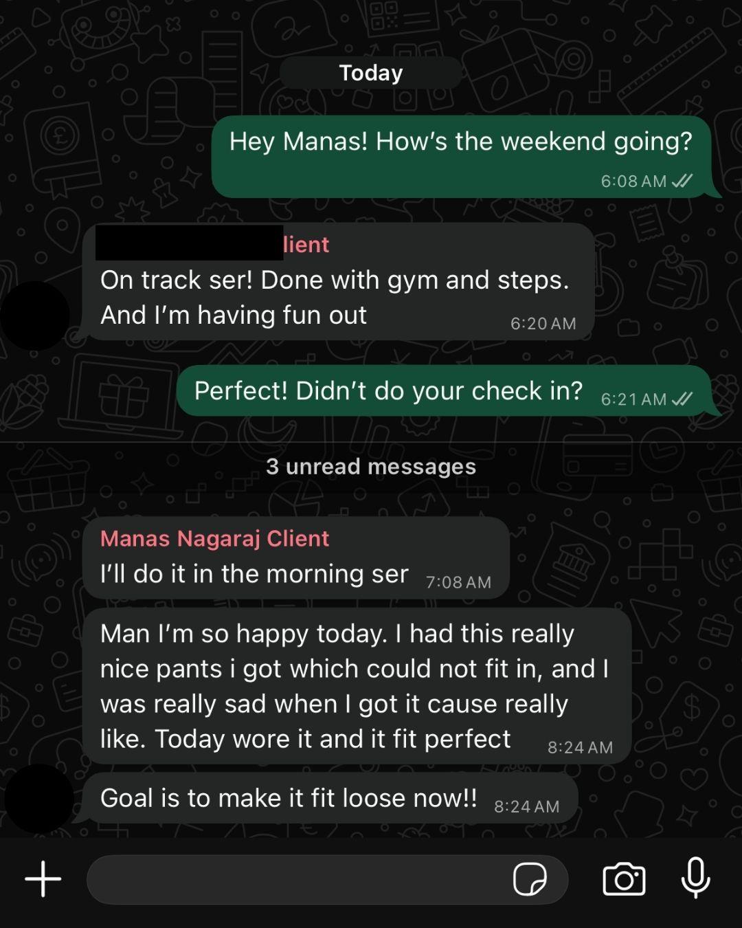 WhatsApp update from an AVLEAN client about their pants fitting