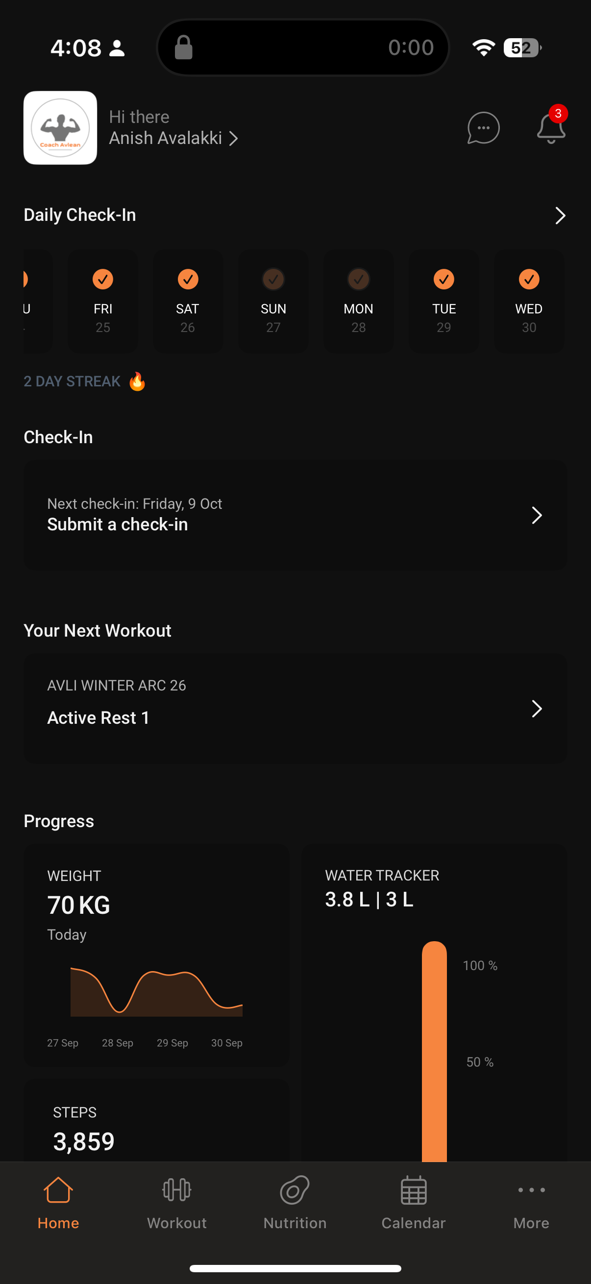 AVLEAN app progress dashboard, showing check-in streak, next workout and weekly stats