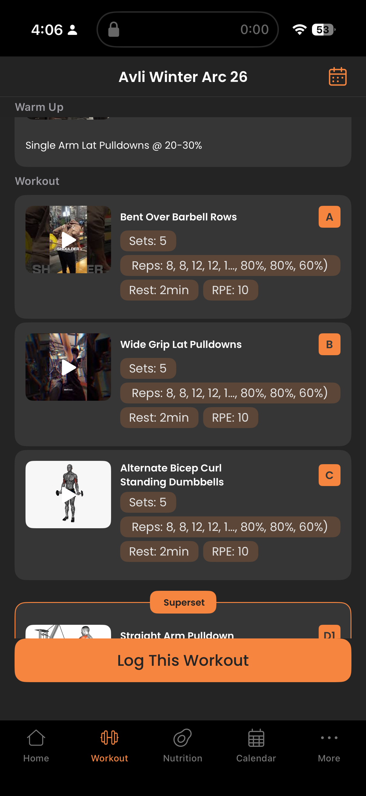 AVLEAN app training programme screen, showing a workout with exercises, sets, reps and rest times