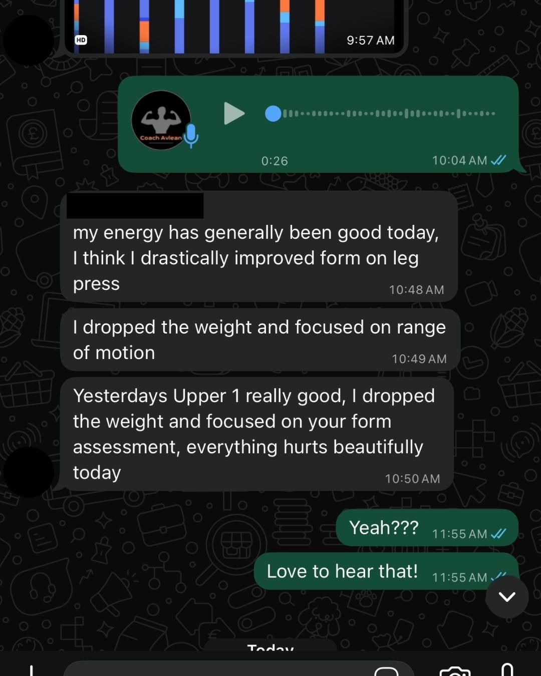 WhatsApp update from an AVLEAN client about prioritizing form over weight