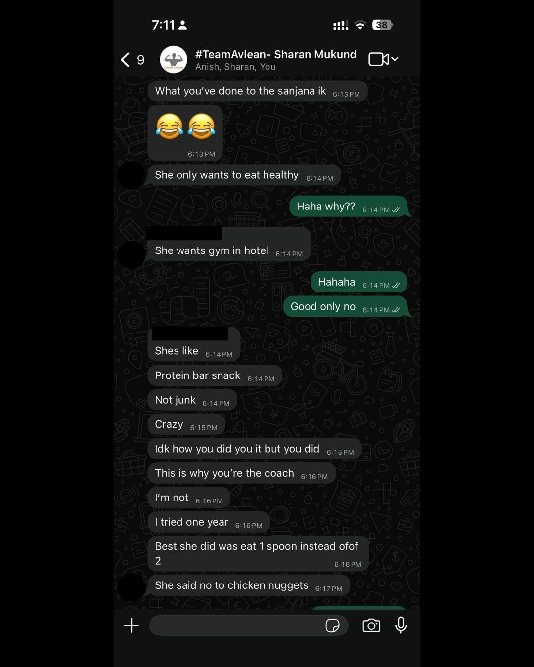 WhatsApp update from an AVLEAN client about training in a hotel gym