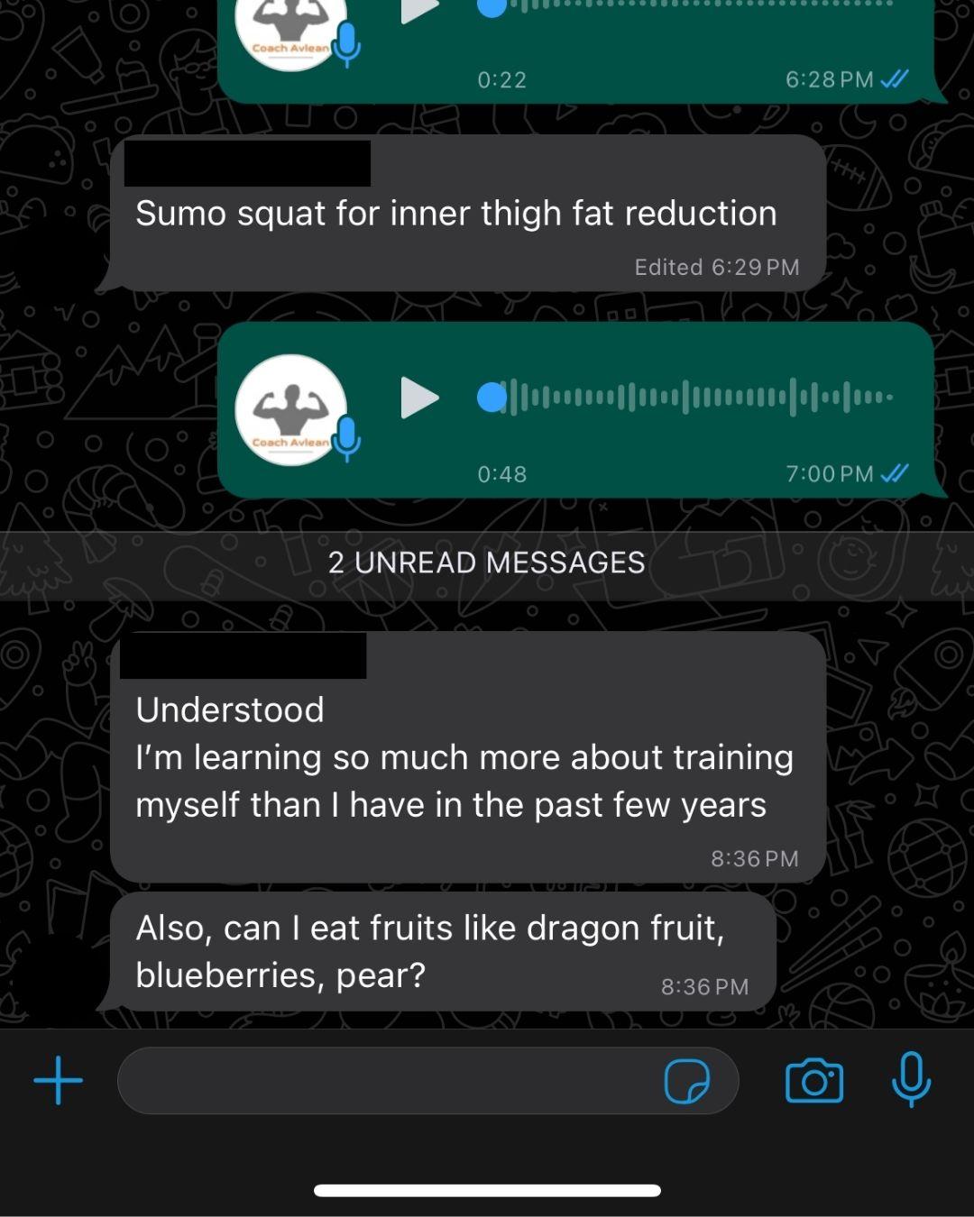 WhatsApp update from an AVLEAN client about learning how training works