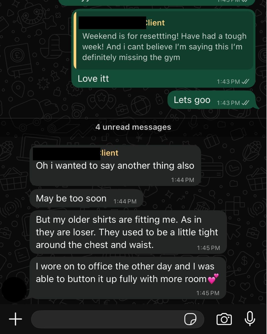 WhatsApp update from an AVLEAN client about old shirts fitting differently