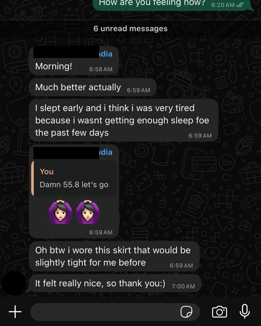 WhatsApp update from an AVLEAN client about reaching 55.8kg