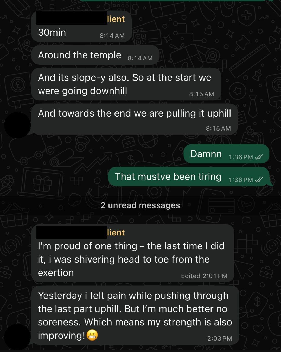WhatsApp update from an AVLEAN client about getting stronger on a hill